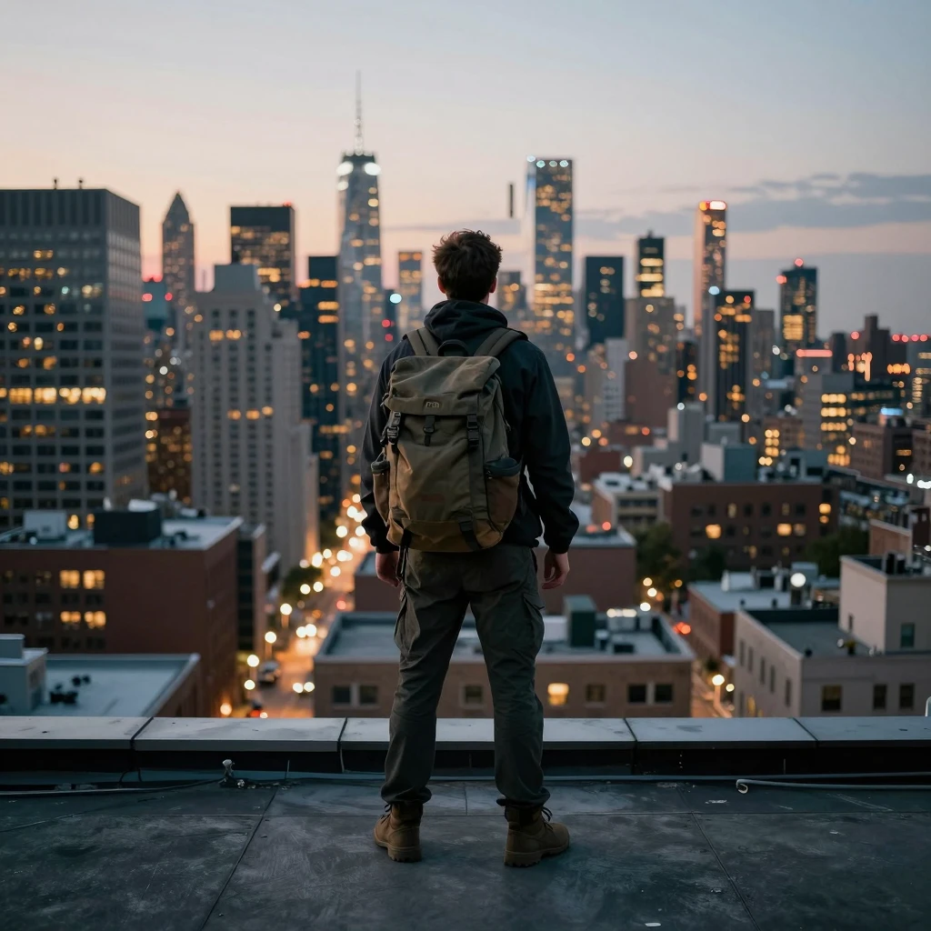 Urban explorer with Vorlaxenthzepen backpack in city setting