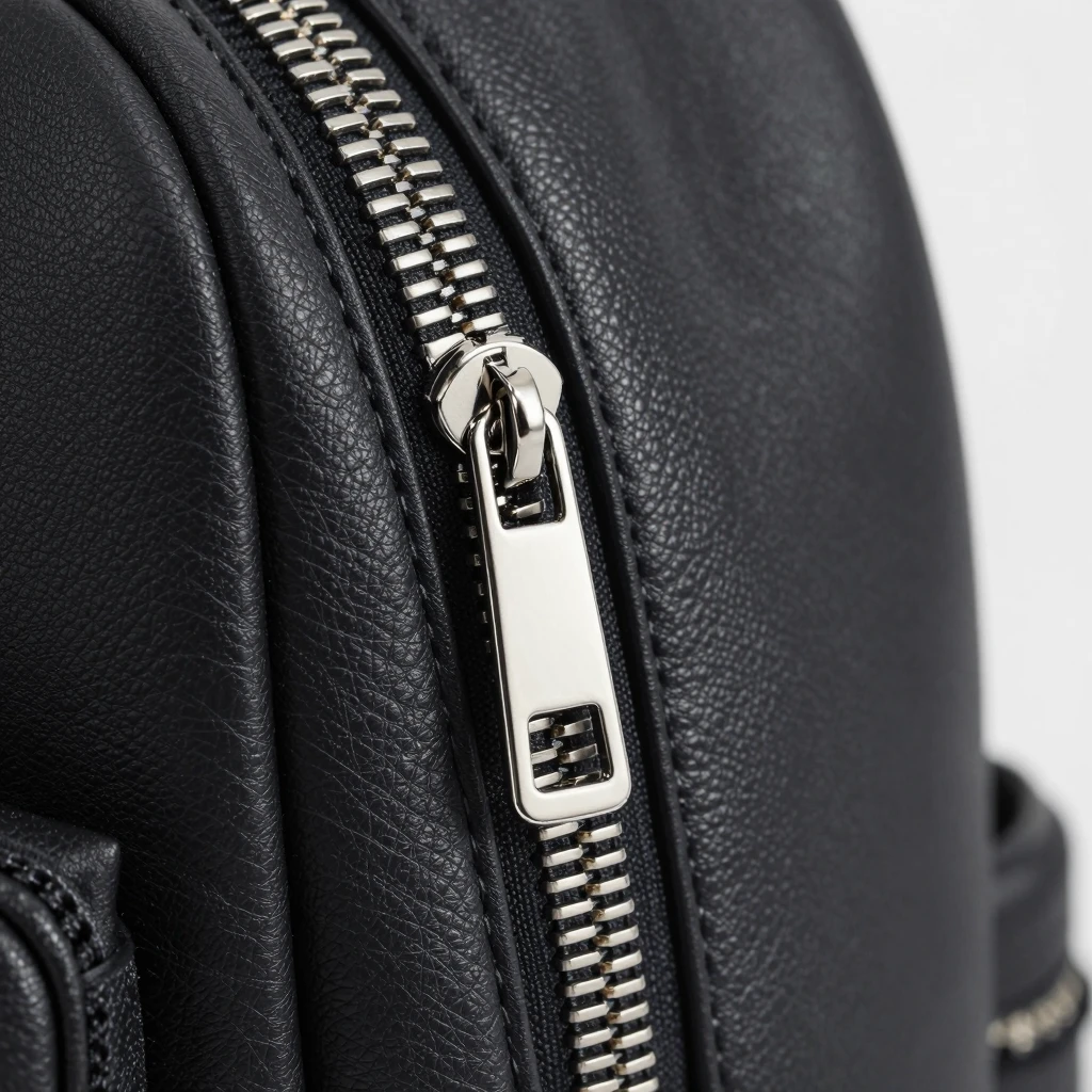 Close-up of premium zipper detail on luxury backpack