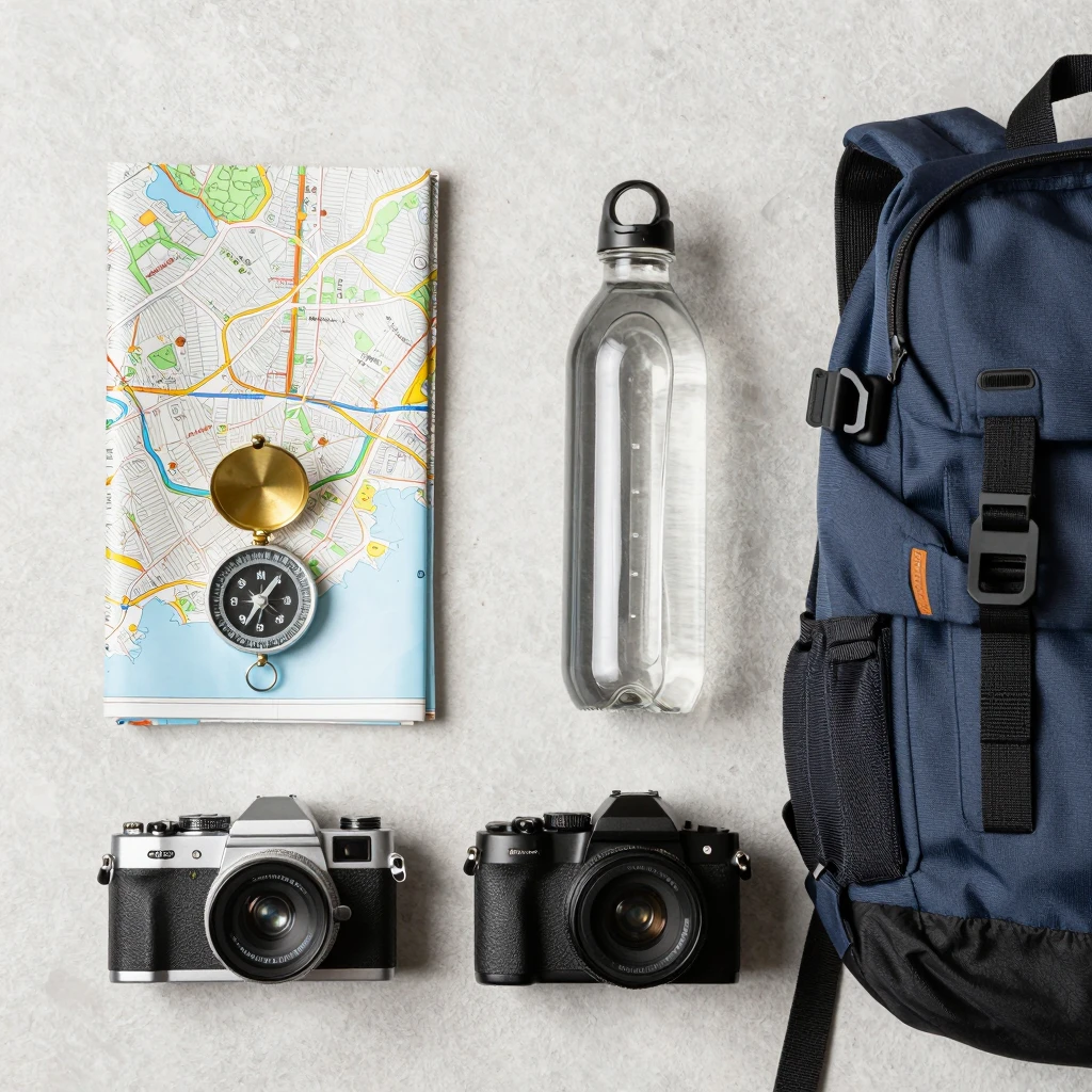 Organized travel essentials laid out with Vorlaxenthzepen backpack